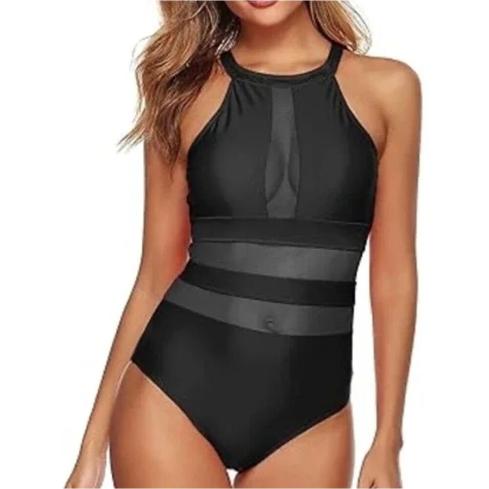 La Blanca 10 Black High Neck Mesh Inset One Piece Swimsuit Island Goddess